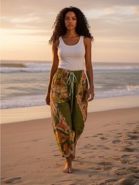 KANTHA Wide leg cropped pants ITEM 14 Boho custom wearable art up to 21” waist.